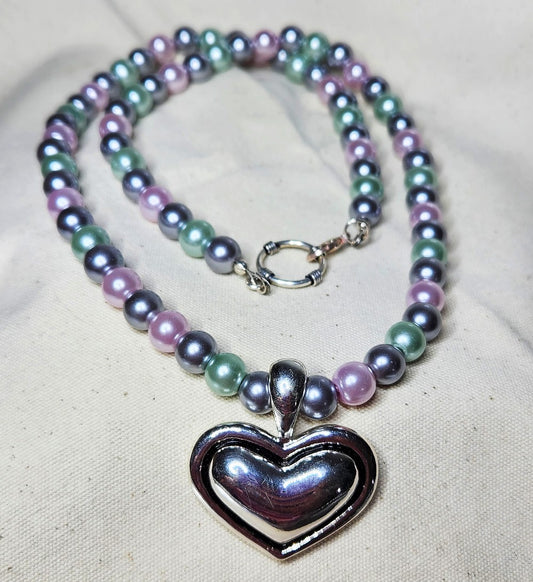 Glass Pearl with Heart Pendant Necklace