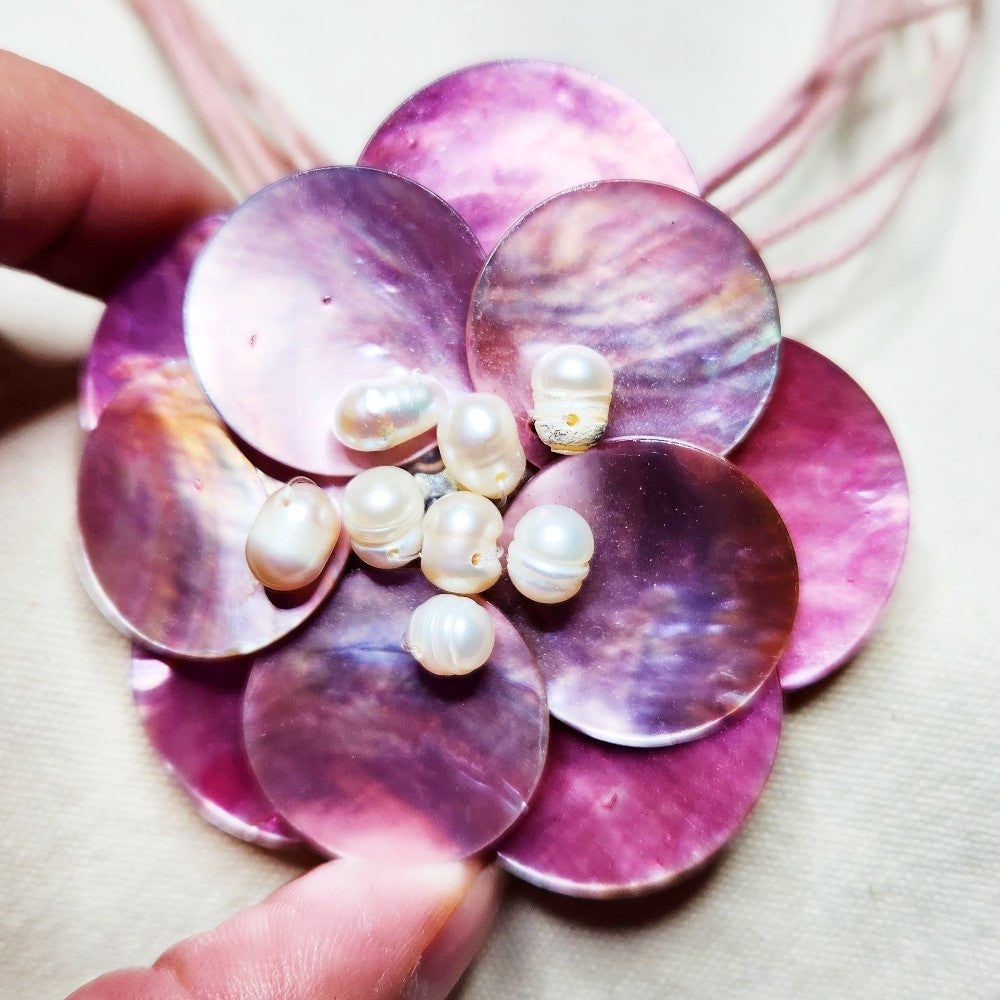 Shell & Pearl Flower on Cord Necklace