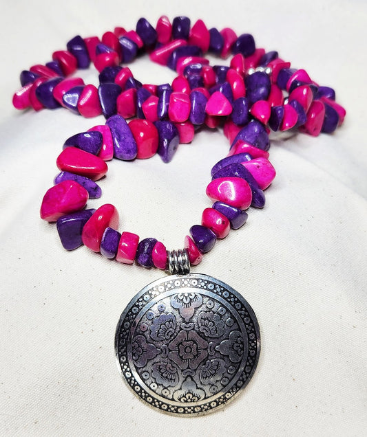 Purple & Pink Chip w/Silver Medallion Necklace